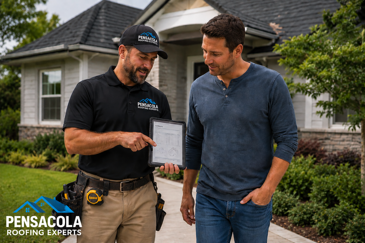 Pensacola Roofing Experts crew with a satisfied homeowner